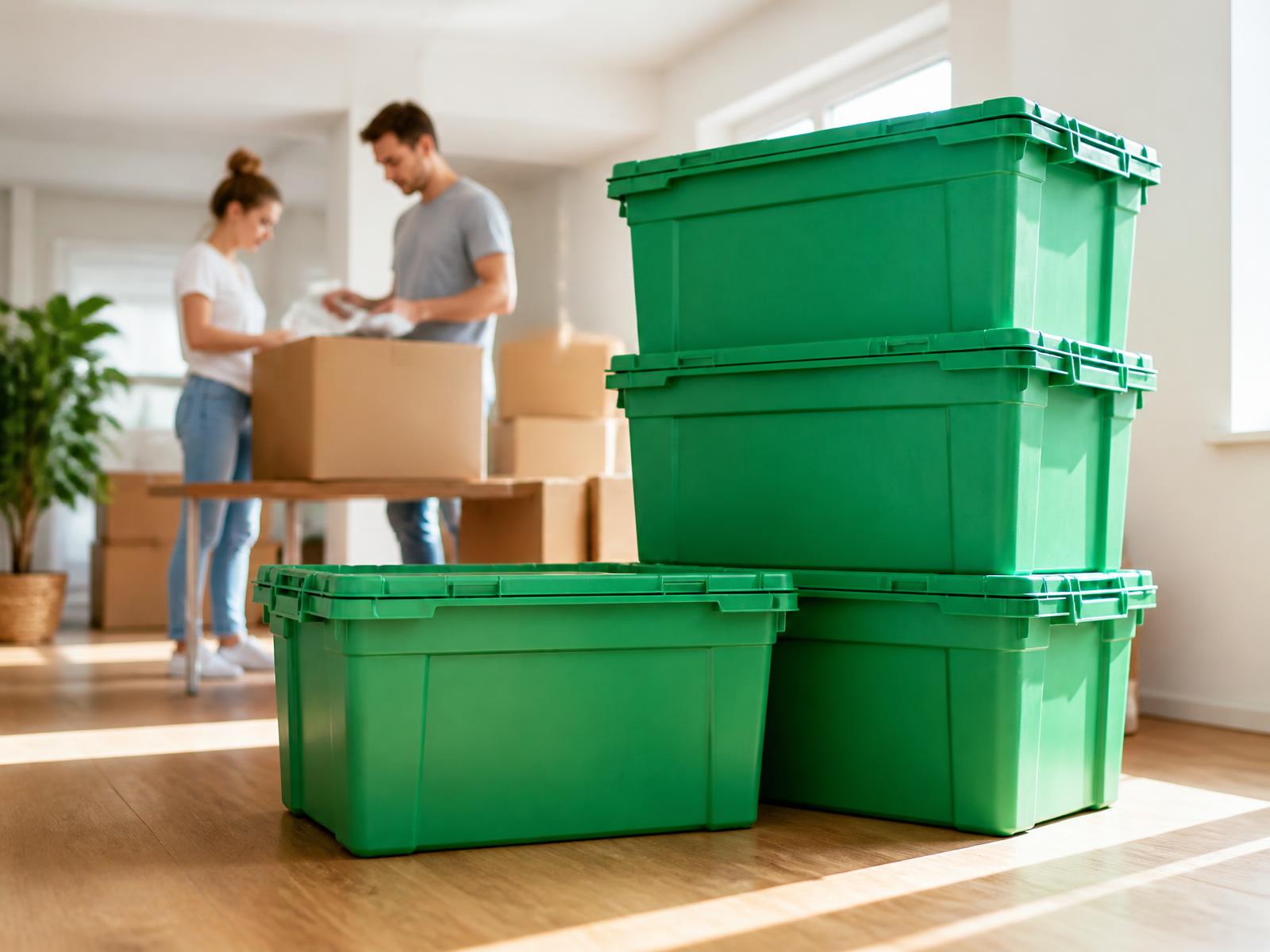 Stack of clean green reusable moving crates in a bright Norwich living room